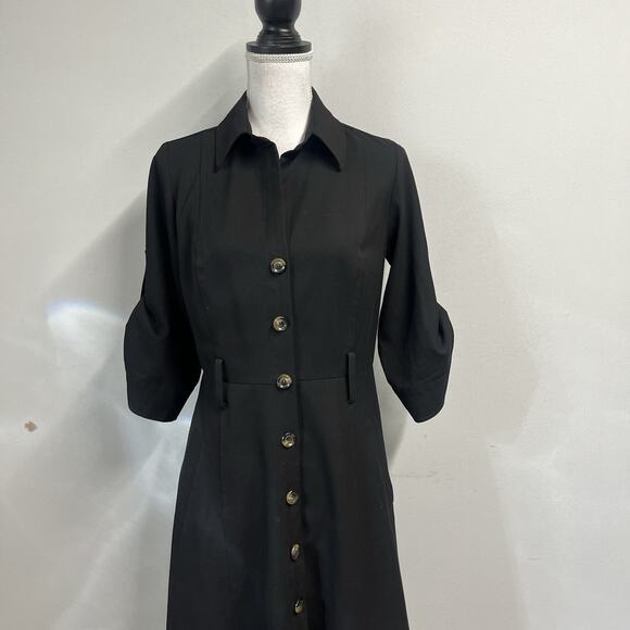 Ann Taylor Dress size 6 Classic Black Button Front Career Knee Stretch Modest - Picture 2 of 11